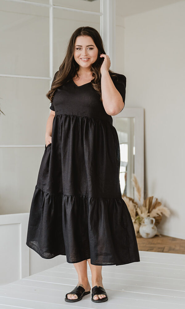 Šaty lněné LINEN s volány dlouhé černé