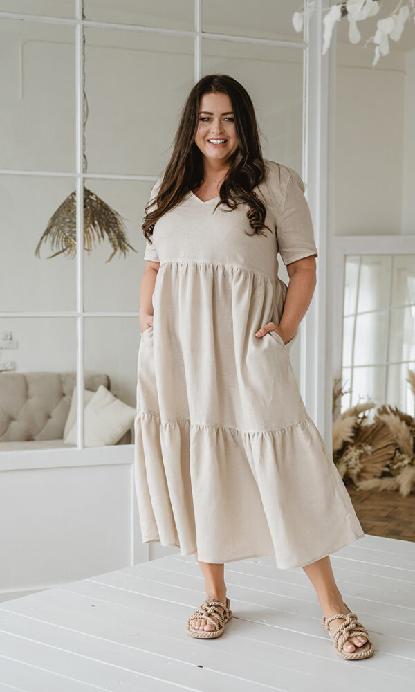 Šaty lněné LINEN s volány béžové