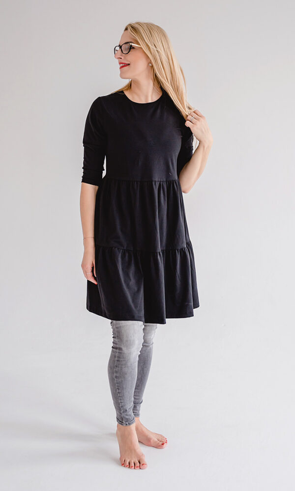 Dámské tričkové šaty s volány a 3/4 rukávem BASIC black