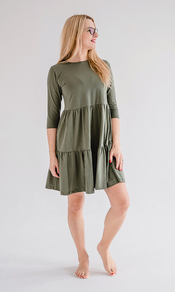 Dámské tričkové šaty s volány a 3/4 rukávem BASIC khaki