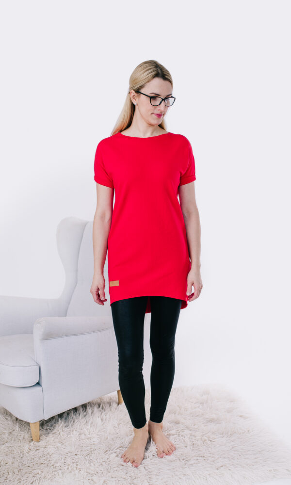 Dámské teplákové mikino-šaty DRESSY ČERVENÉ krátký rukáv – ČEKSÁ VÝROBA