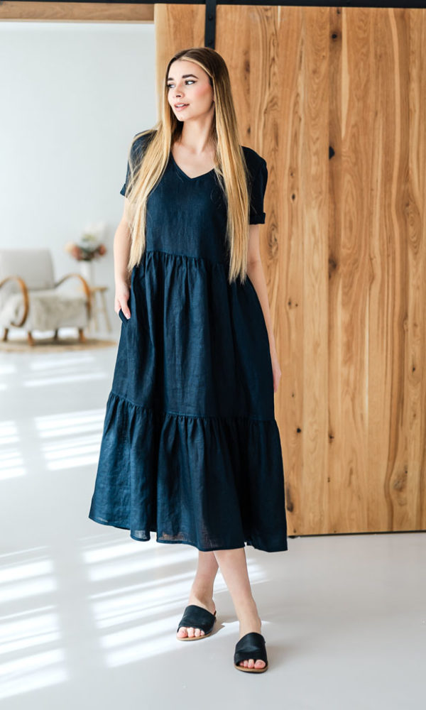 Šaty lněné LINEN s volány modré