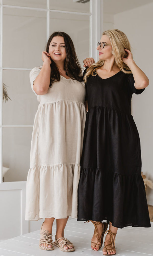 Šaty lněné LINEN s volány dlouhé černé