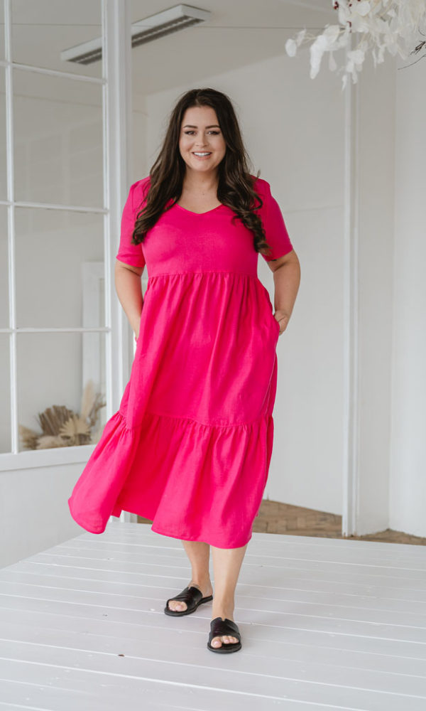 Šaty lněné LINEN s volány dlouhé tmavě růžové