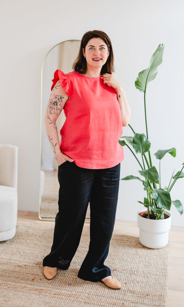 Dámská lněná tunika LINEN s volánky tmavě korálová