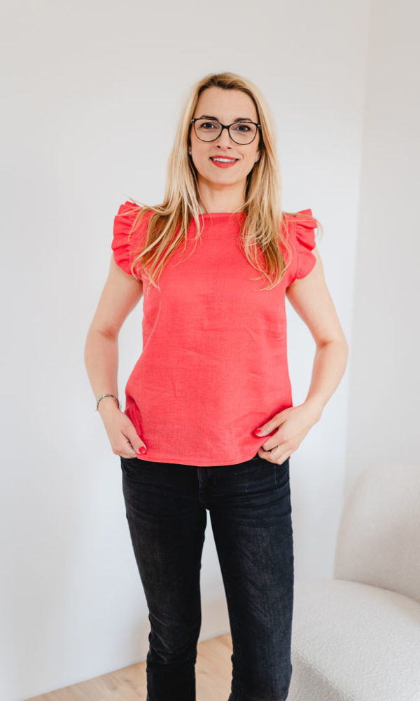 Dámská lněná tunika LINEN s volánky tmavě korálová