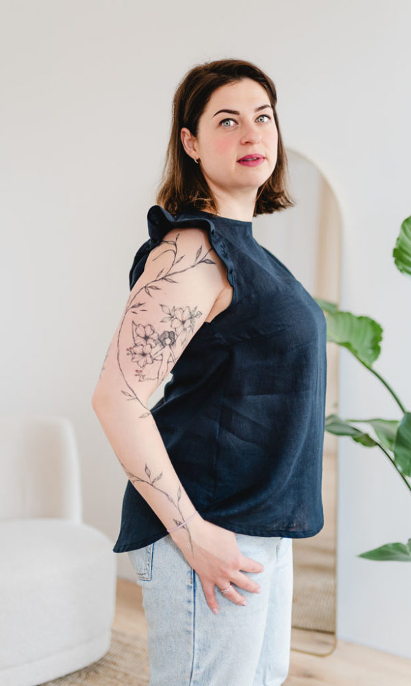 Dámská lněná tunika LINEN s volánky modrá