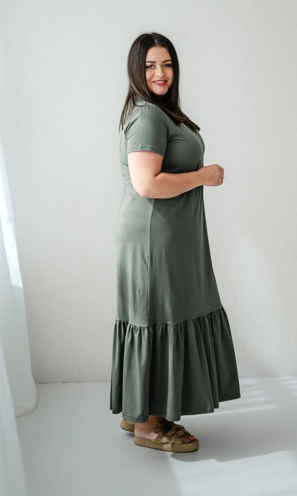 Dámské bavlněné šaty s volánem LOREN dlouhé khaki