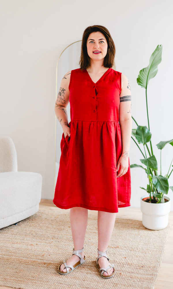 Dámské lněné šaty LINEN bez rukávů tmavě červené