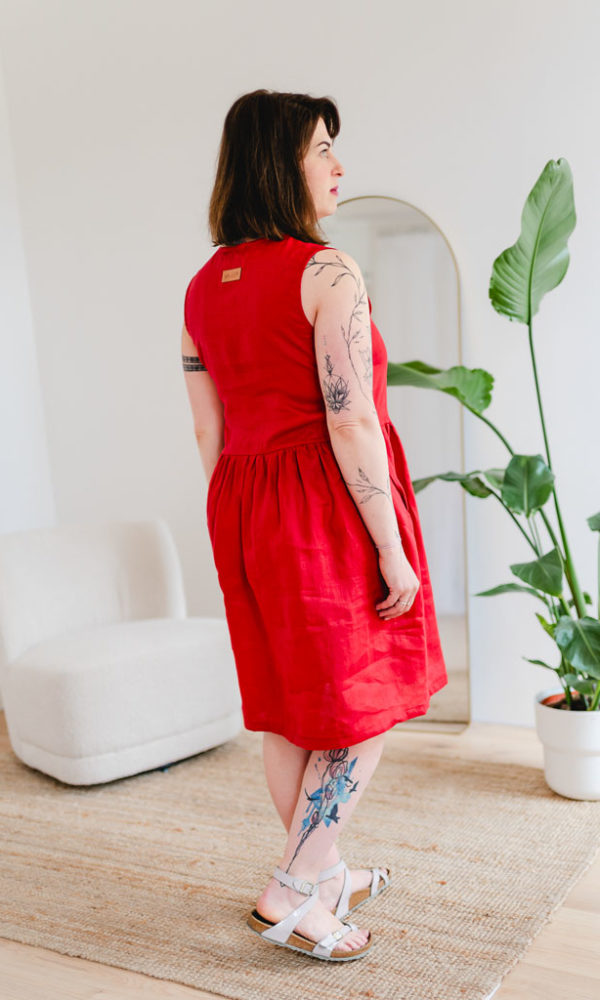 Dámské lněné šaty LINEN bez rukávů tmavě červené