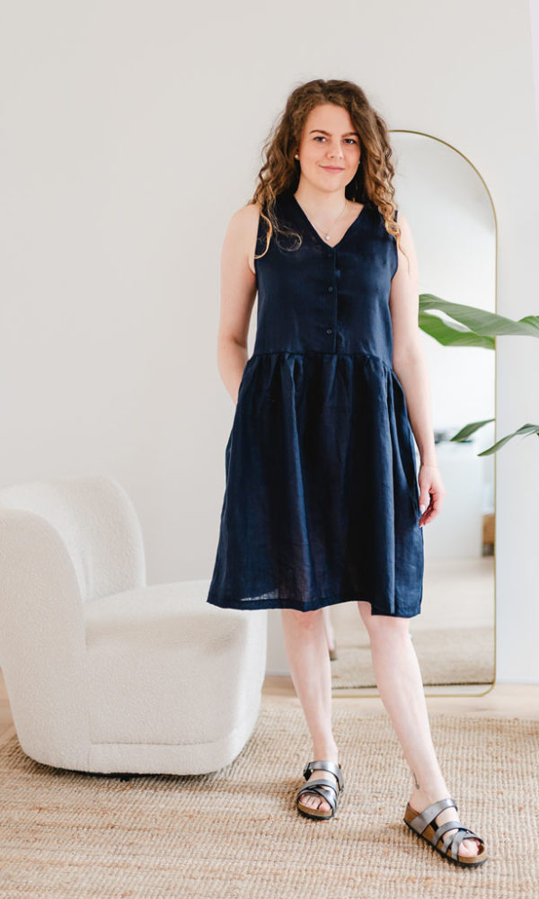 Dámské lněné šaty LINEN bez rukávů modré