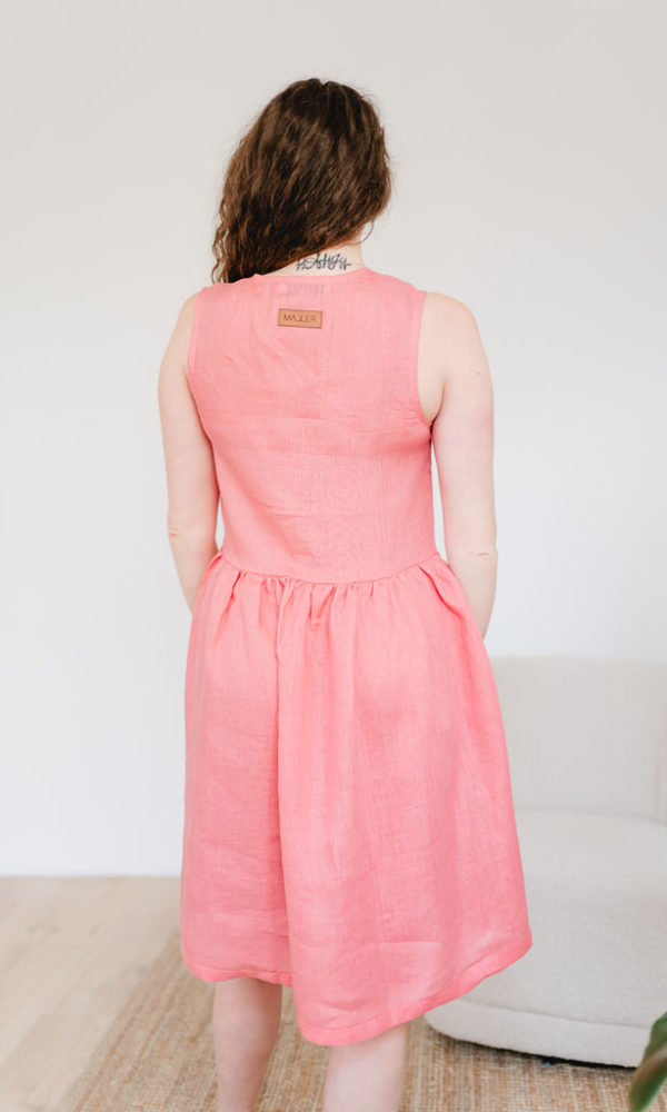 Dámské lněné šaty LINEN bez rukávů korálové