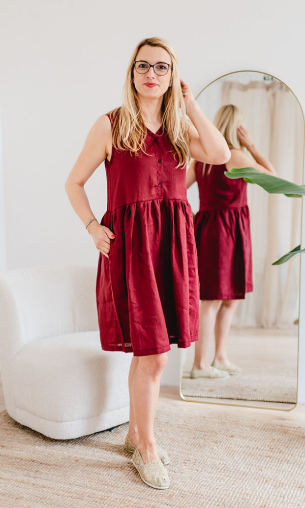 Dámské lněné šaty LINEN bez rukávů vínové