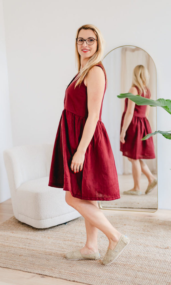 Dámské lněné šaty LINEN bez rukávů vínové