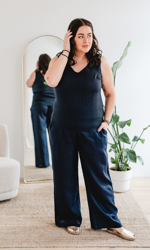 Dámská lněná tunika LINEN s vázáním modrá