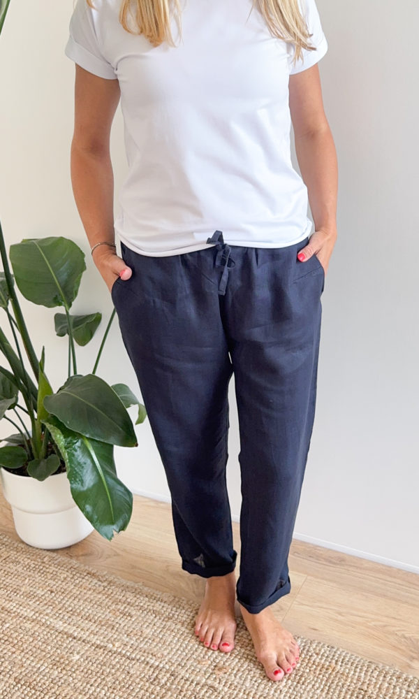 Dámské lněné kalhoty LINEN úzké modré